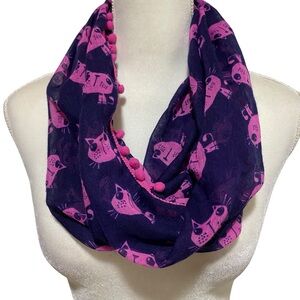 CAT infinity Scarf Pink Purple Cat print Pop-Pom trim
